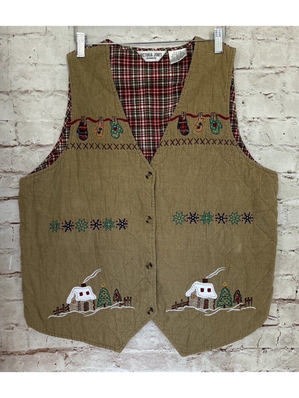 Victoria Jones Vest 1X Christmas Vintage Quilted Corduroy Tan Plaid Back